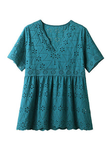 French Lake Blue Embroideried Hollow Out Cotton Blouses Summer