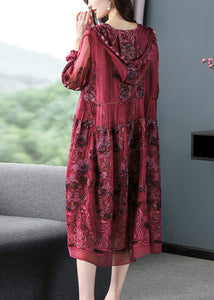 French Mulberry Hooded Embroideried Patchwork Silk Long Dresses Spring