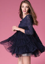 Load image into Gallery viewer, French Navy O-Neck Lace Patchwork Hollow Out Tulle Coat Bracelet Sleeve