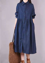 Load image into Gallery viewer, French Navy Peter Pan Collar Button Pockets Fall Long sleeve Denim Dress