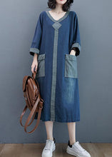 Load image into Gallery viewer, French O Neck Patchwork Spring Dresses Outfits Denim Blue Robe Dresses