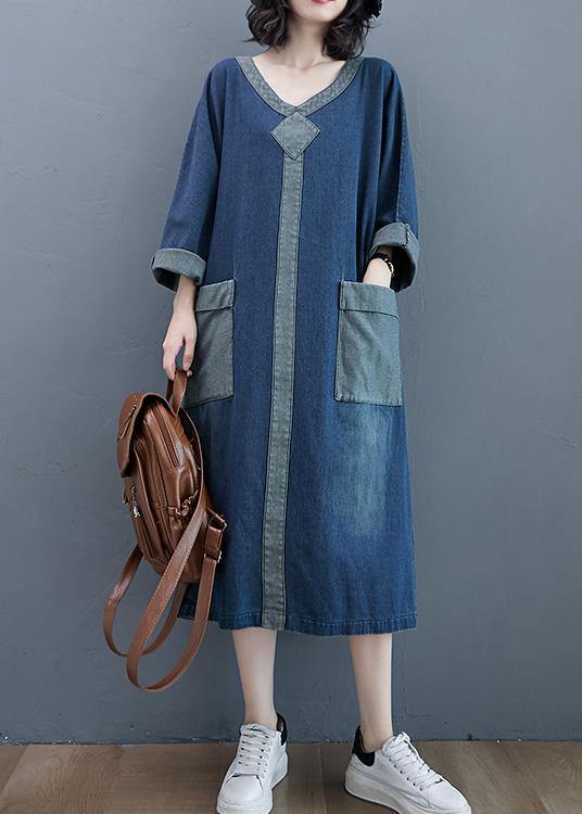 French O Neck Patchwork Spring Dresses Outfits Denim Blue Robe Dresses