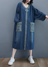 Load image into Gallery viewer, French O Neck Patchwork Spring Dresses Outfits Denim Blue Robe Dresses