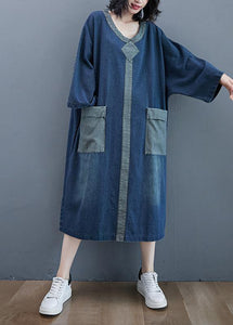 French O Neck Patchwork Spring Dresses Outfits Denim Blue Robe Dresses