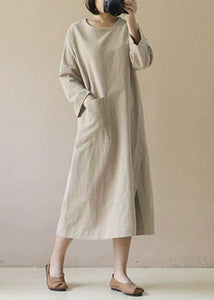 French O Neck Pockets Patchwork Linen Dress Spring