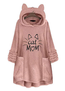 French Pink Hooded Pockets Low High Design Teddy Faux Fur Sweatshirts Fall