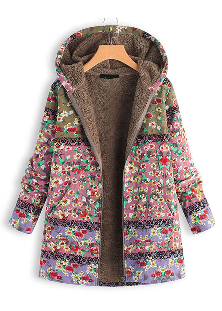 French Pink Hooded Print Pockets Patchwork Warm Fleece Coats Fall