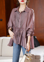 Load image into Gallery viewer, French Pink Peter Pan Collar Patchwork Drawstring Button Silk Shirts Long Sleeve