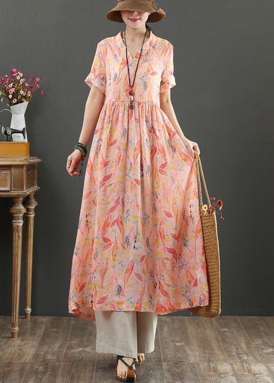 French Pink Print High Waist Summer Linen Dress