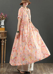 French Pink Print High Waist Summer Linen Dress