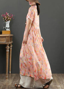 French Pink Print High Waist Summer Linen Dress