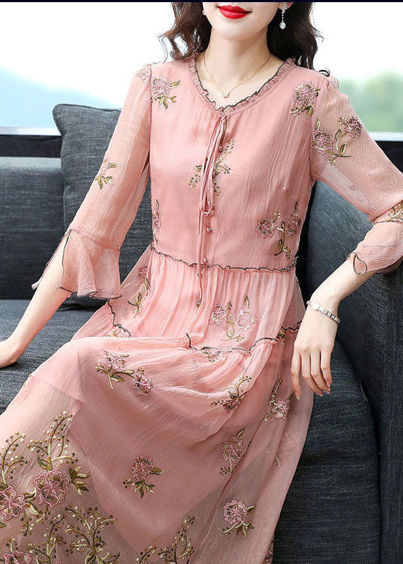 French Pink Ruffled Collar Embroideried Silk Maxi Dresses Flare Sleeve