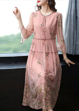 Load image into Gallery viewer, French Pink Ruffled Collar Embroideried Silk Maxi Dresses Flare Sleeve