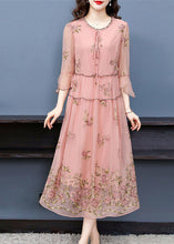 Load image into Gallery viewer, French Pink Ruffled Collar Embroideried Silk Maxi Dresses Flare Sleeve