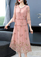 Load image into Gallery viewer, French Pink Ruffled Collar Embroideried Silk Maxi Dresses Flare Sleeve