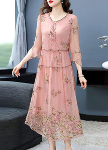 French Pink Ruffled Collar Embroideried Silk Maxi Dresses Flare Sleeve