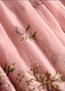 French Pink Ruffled Collar Embroideried Silk Maxi Dresses Flare Sleeve