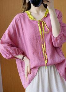 French Pink Ruffled tie Asymmetrical Design Fall Shirt Three Quarter sleeve