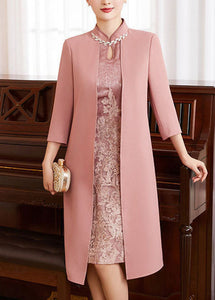 French Pink Stand Collar Embroideried Patchwork Zircon Silk Cheongsam Dresses Long Sleeve