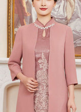 Load image into Gallery viewer, French Pink Stand Collar Embroideried Patchwork Zircon Silk Cheongsam Dresses Long Sleeve