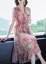 Load image into Gallery viewer, French Pink V Neck Print Chiffon Beach Dress Flare Sleeve