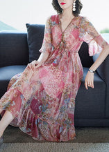 Load image into Gallery viewer, French Pink V Neck Print Chiffon Beach Dress Flare Sleeve