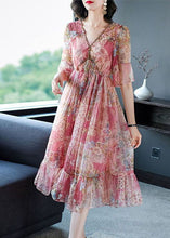 Load image into Gallery viewer, French Pink V Neck Print Chiffon Beach Dress Flare Sleeve