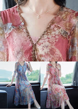 Load image into Gallery viewer, French Pink V Neck Print Chiffon Beach Dress Flare Sleeve