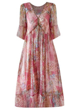 Load image into Gallery viewer, French Pink V Neck Print Chiffon Beach Dress Flare Sleeve