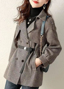 French Plaid Peter Pan Collar Pockets Patchwork Woolen Coats Fall