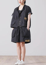 Load image into Gallery viewer, French Pockets hot pants Denim Black Short Sleeve Two Pieces Set