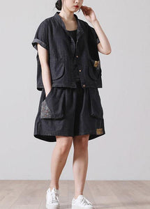 French Pockets hot pants Denim Black Short Sleeve Two Pieces Set