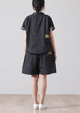 Load image into Gallery viewer, French Pockets hot pants Denim Black Short Sleeve Two Pieces Set