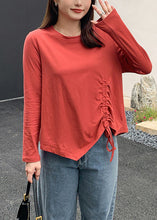 Load image into Gallery viewer, French Red Asymmetrical Cinched Cotton Tops Fall