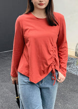 Load image into Gallery viewer, French Red Asymmetrical Cinched Cotton Tops Fall