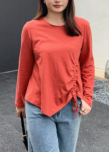 French Red Asymmetrical Cinched Cotton Tops Fall