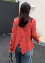 Load image into Gallery viewer, French Red Asymmetrical Cinched Cotton Tops Fall