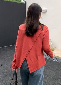 French Red Asymmetrical Cinched Cotton Tops Fall