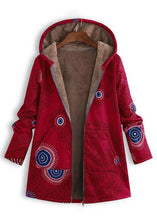 Load image into Gallery viewer, French Red Hooded Print Pockets Patchwork Warm Fleece Coats Fall