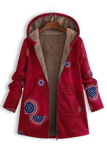 French Red Hooded Print Pockets Patchwork Warm Fleece Coats Fall