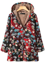 Load image into Gallery viewer, French Red Hooded Print Zippered Patchwork Warm Fleece Coat Fall