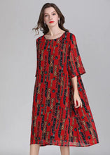 Load image into Gallery viewer, French Red O Neck Print Patchwork Chiffon Mid Dress Summer