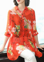 Load image into Gallery viewer, French Red Peter Pan Collar Button Print Chiffon Shirt Half Sleeve