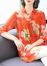 Load image into Gallery viewer, French Red Peter Pan Collar Button Print Chiffon Shirt Half Sleeve