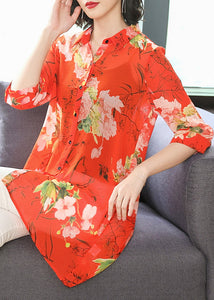 French Red Peter Pan Collar Button Print Chiffon Shirt Half Sleeve