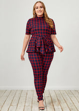 Load image into Gallery viewer, French Red Stand Collar Plaid Tie Waist Patchwork Cotton Two Pieces Set Summer
