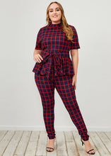 Load image into Gallery viewer, French Red Stand Collar Plaid Tie Waist Patchwork Cotton Two Pieces Set Summer