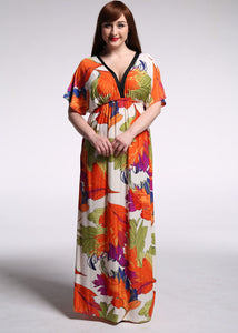 French V Neck Cinched Print Backless Ice Silk Vacation Long Dresses Batwing Sleeve