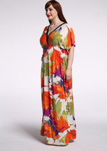 Load image into Gallery viewer, French V Neck Cinched Print Backless Ice Silk Vacation Long Dresses Batwing Sleeve