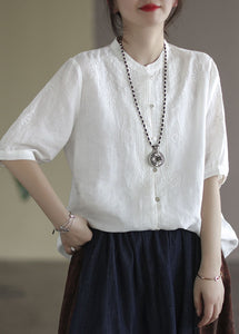 French White Button Embroideried Cotton Shirts Half Sleeve